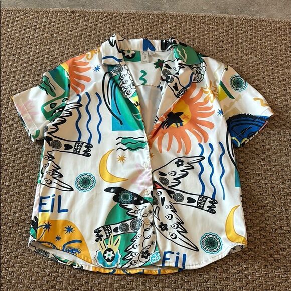 Joie White and Green Artistic Blouse - Picture 1 of 9